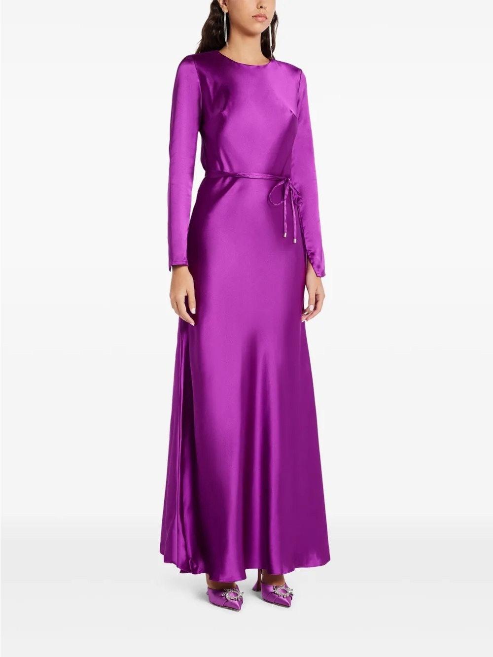 Monique Lhuillier Long-Sleeve Satin Maxi Dress in Vibrant Purple